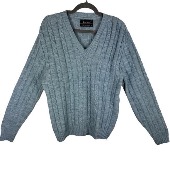Jantzen Vintage Light Blue Long Sleeve V-Neck Cable Knit Pullover Sweater Size L - Picture 1 of 4